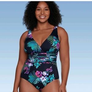 Women's Waist Detail Over the Shoulder One Piece Swimsuit AquaGreen Blk Floral18